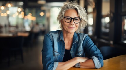 Business portrait mature woman 50, 60, 70 years old sitting in an office, cafe or coworking space, concept of retirees returning back to work, elderly employees, Unretirement