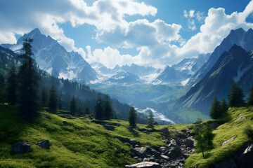 Obraz premium Mountain range with a blue sky. Generative Ai