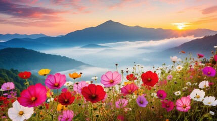 Colorful cosmos flowers blooming in the mountains. Nature landscape.