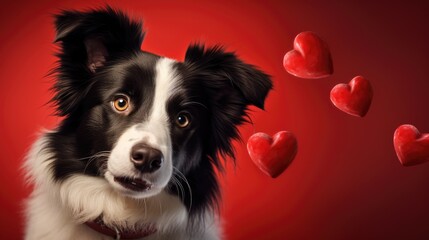 Puppy love delight: Embrace the charm of St. Valentine's Day with a funny portrait of a cute border collie holding a red heart