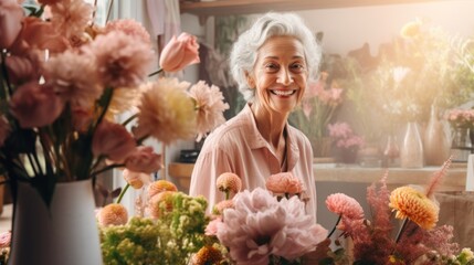 Mature woman manager director boss, business owner, 50, 60, 70 years old in small flower shop, works as florist, makes bouquets. Retirees returning back to work, elderly employees, Unretirement - obrazy, fototapety, plakaty
