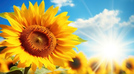Obraz premium Sunflower field over blue sky with sunflowers. Nature background.