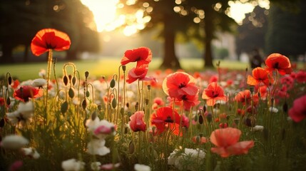 Poppies in the park at sunset. Beautiful spring landscape. 
