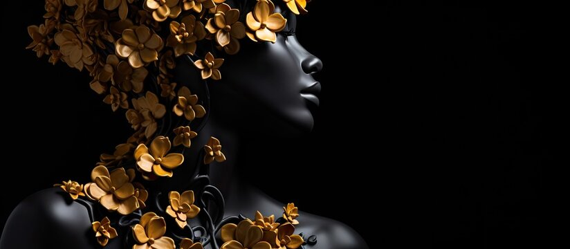 Modern sculpture depicting a female bust symbolizing breast cancer support adorned with golden paper flowers in a dramatic 3D rendering on a black background Copy space image Place for adding t