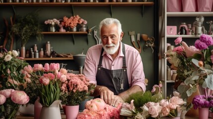 Portrait of a mature man, business owner, 50, 60, 70 years old in a small flower shop, works as a florist, makes bouquets. Concept of retirees returning back to work, elderly employees, Unretirement - obrazy, fototapety, plakaty