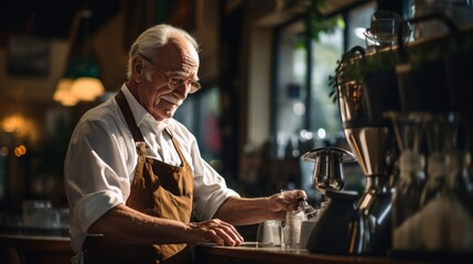 Portrait mature man barista business owner 50, 60, 70 years old in a cafe, works as a barista, makes coffee, cappuccino. Concept of retirees returning back to work, elderly employees, Unretirement - obrazy, fototapety, plakaty