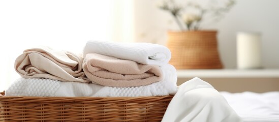 Minimalist clothing organization with neatly folded white towels and laundry in baskets on the bed inspired by the Japanese folding system Copy space image Place for adding text or design - obrazy, fototapety, plakaty