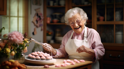 Mature woman confectioner, small business owner, 50, 60, 70 years old, making cakes, pastries in home workshop in kitchen. Concept of retirees returning back to work, elderly employees, Unretirement - obrazy, fototapety, plakaty