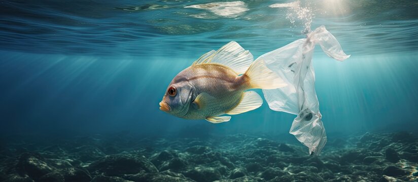 Marine pollution symbolized by fish and plastic bag Copy space image Place for adding text or design