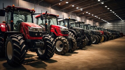 Farming excellence: A captivating image of an exhibition where new tractors are lined up in a precise row, showcasing the latest advancements in agricultural technology. - obrazy, fototapety, plakaty