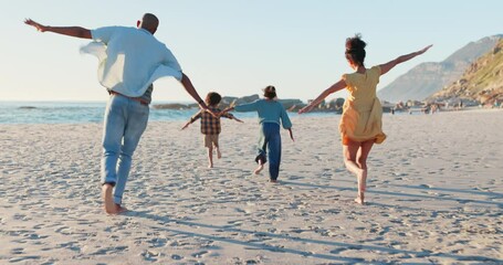 Airplane, back and family running at the beach with energy, fun or freedom in nature together. Flying, love and excited children with parents at sea for travel, celebration or ocean games in Bali