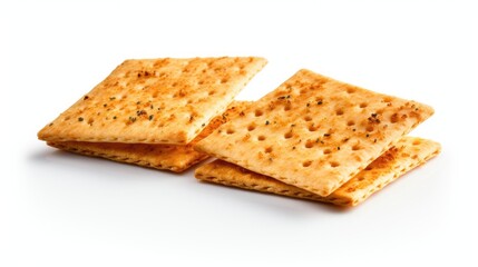 Crispy delight: Two sides of a delicious square cracker isolated on a white background, capturing the crunchy texture and savory appeal.