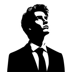 A Business Man looks up on the sky, vector silhouette, black color, white background