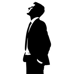 A Business Man looks up on the sky, vector silhouette, black color, white background
