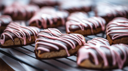 Close-up of chocolate heart cookies with chocolate drizzle on a cooling rack. Delicious shortbread cookies with pink icing, baking for valentines day, romantic dessert. - obrazy, fototapety, plakaty