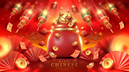 Chinese new year background with 3d realistic ornaments and red money bag elements and coin, gold ingot, lantern, envelope with glitter light effect decoration and bokeh. - obrazy, fototapety, plakaty