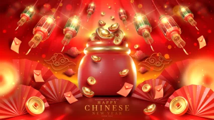 Fotobehang Chinese new year background with 3d realistic ornaments and red money bag elements and coin, gold ingot, lantern, envelope with glitter light effect decoration and bokeh. © witsanu