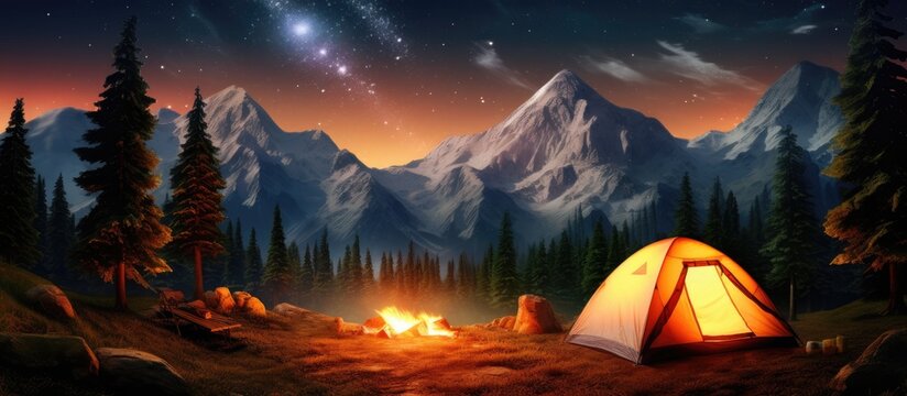 Night camping with a panoramic view in a valley full of large pine trees featuring a burning campfire an illuminated tourist tent and a bright starry sky with the Milky Way Copy space image Pla