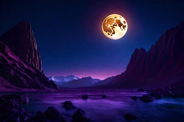 Create an image of an alien mountain range bathed in the ethereal light of a full moon, with strange, floating islands dotting the sky