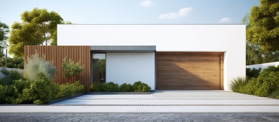 Minimal architecture is depicted in a 3D rendering of a contemporary white house with a garage entrance Copy space image Place for adding text or design - Powered by Adobe