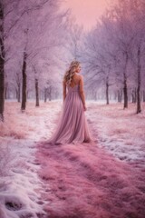 Rear view of a woman wearing a long dress in abstract pink winter nature.