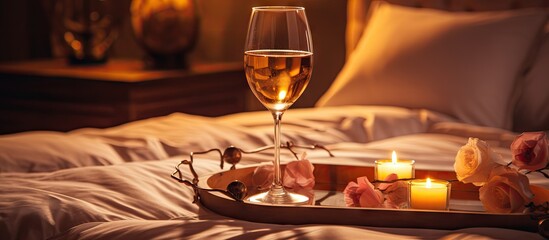 Luxurious hotel interior featuring romantic bedroom and wine glasses Copy space image Place for adding text or design