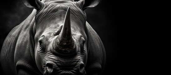 Monochrome South African fine art portrait black and white rhino Ceratotherium simum Copy space image Place for adding text or design - obrazy, fototapety, plakaty