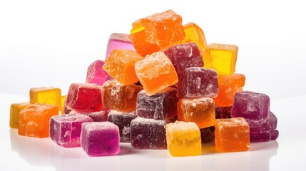 Sugary feast: A tempting display of marmalade cubes in a burst of colors, isolated on white.