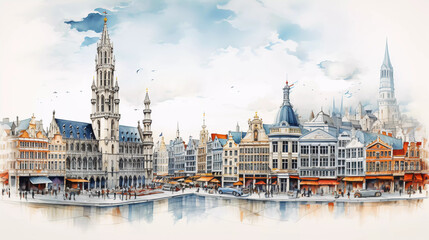 Drawing of Brussels with landmark and popular for tourist attractions - obrazy, fototapety, plakaty