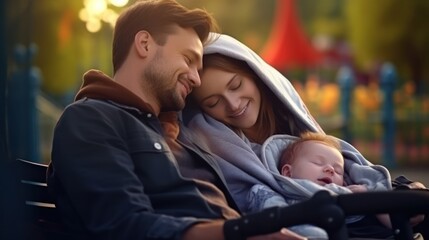 Obraz premium Parents take their little one in a stroller for a walk in the public park, enjoying a warm and joyful family time filled with love and care.