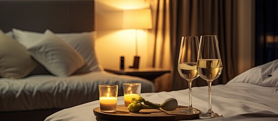 Luxurious hotel interior featuring romantic bedroom and wine glasses Copy space image Place for...