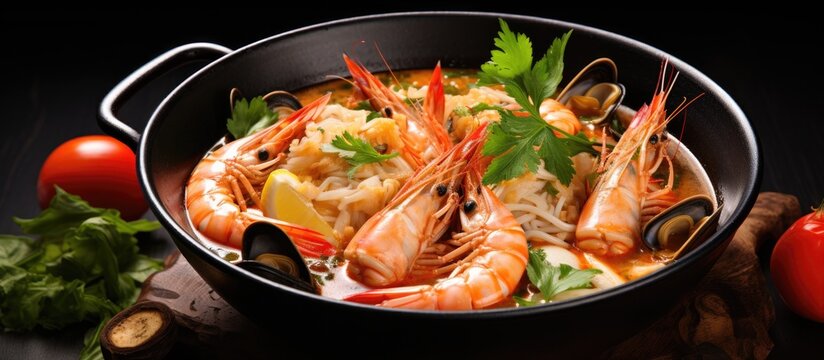 Malaysian seafood with prawn squid fish clams noodles Popular Malaysian dish with fresh cooked seafood soup Chinese Style Asian food Copy space image Place for adding text or design