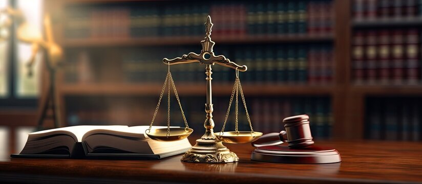 Legal concept illustration of Justice Scales and law books on a desk Copy space image Place for adding text or design