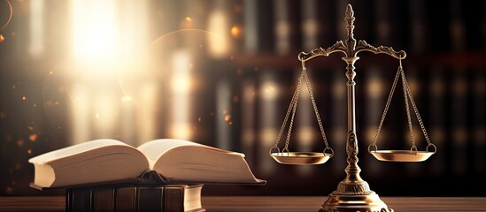 Legal concept image with backlit scales of justice and row of law books Hazy lighting is suitable for text copy Copy space image Place for adding text or design - obrazy, fototapety, plakaty