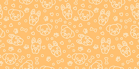 dog seamless pattern with footprint, paw, hearts, bones, balls, stars, pet shop, prints, social media posts, animal product design, hand drawn, kawaii doodle style, vector illustration