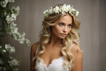 Creative wedding hairstyle with fresh white flowers in the hair. Young bride with elegant hairstyle with curls.