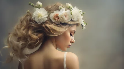 Poster Creative wedding hairstyle with fresh flowers in the hair. Young bride with elegant hairstyle with curls. © dinastya