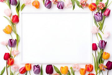 Invitation greeting card. Flat lay frame from varied and colorful flowers tulips on white background. copy space for text, mock up. Wedding concept. Generate Ai.