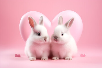 Two cute rabbits on a pink background. Valentine's Day greeting card template. Generate Ai.