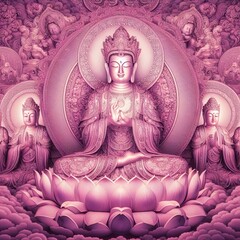 The Buddha sitting on a lotus seat blesses his followers by Ai generated