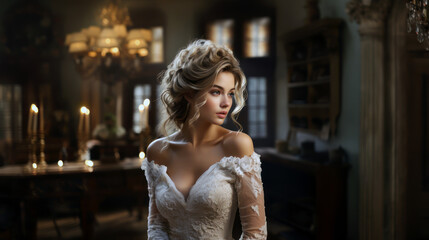Fototapeta premium bride posing with white wedding gown portrait elegant luxurious dress bridal 