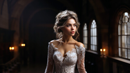 Fototapeta premium bride posing with white wedding gown portrait elegant luxurious dress bridal 