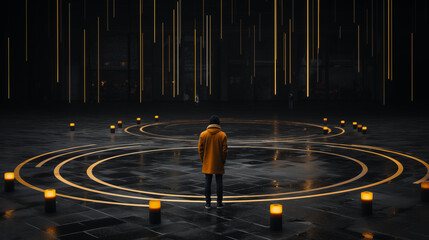man in the circle of the candles - obrazy, fototapety, plakaty