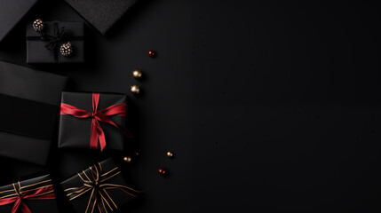 black Friday, black gifts with red ribbon
