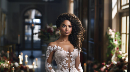 beautiful black bride posing with white wedding gown portrait elegant luxurious dress bridal  - obrazy, fototapety, plakaty