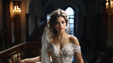 Obraz na płótnie Canvas bride posing with white wedding gown portrait elegant luxurious dress bridal blonde