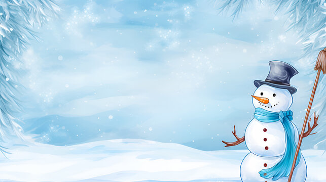 New Year's snow-covered background with snowman. Snowman with smiley face, hat and scarf, with traditional broom and branches instead of hands. Atmosphere of winter fairy tale and fun. Copy space.