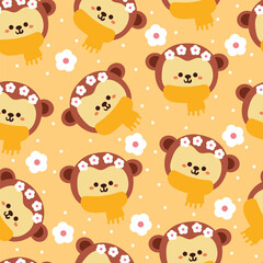 seamless pattern cartoon monkey wearing scarf and flower crown. cute animal wallpaper illustration for gift wrap paper