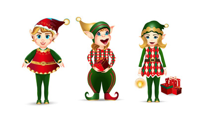 Three cheerful Christmas elves, draped in gold, red, and green, share joy and happiness . 