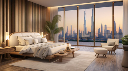 Upscale bedroom with wooden touches and cityscape